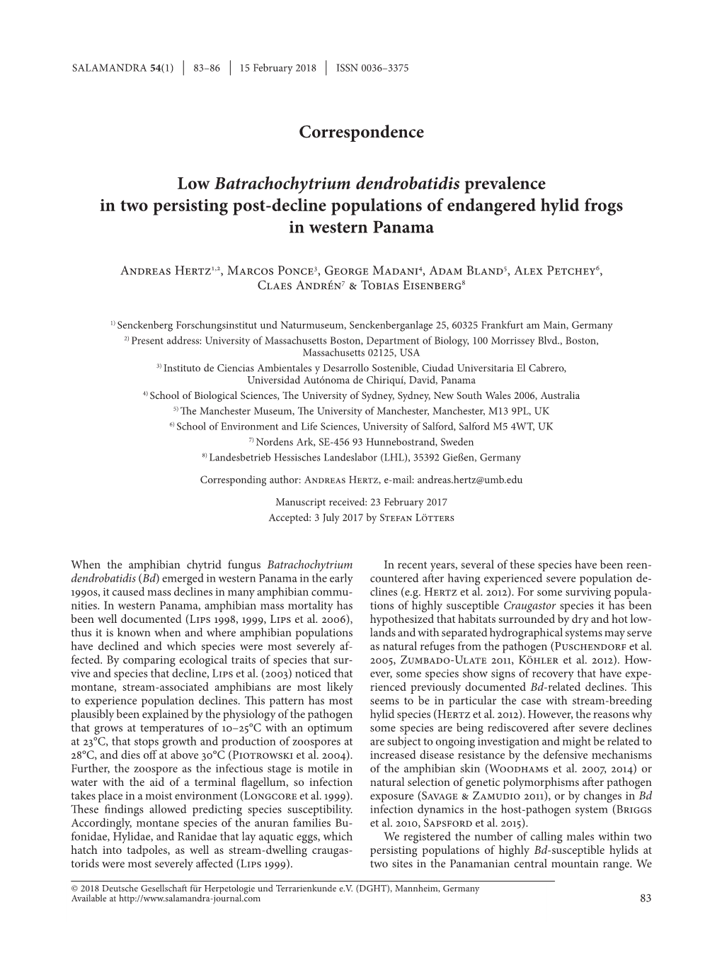 Low Batrachochytrium Dendrobatidis Prevalence in Two Persisting Post-Decline Populations of Endangered Hylid Frogs in Western Panama