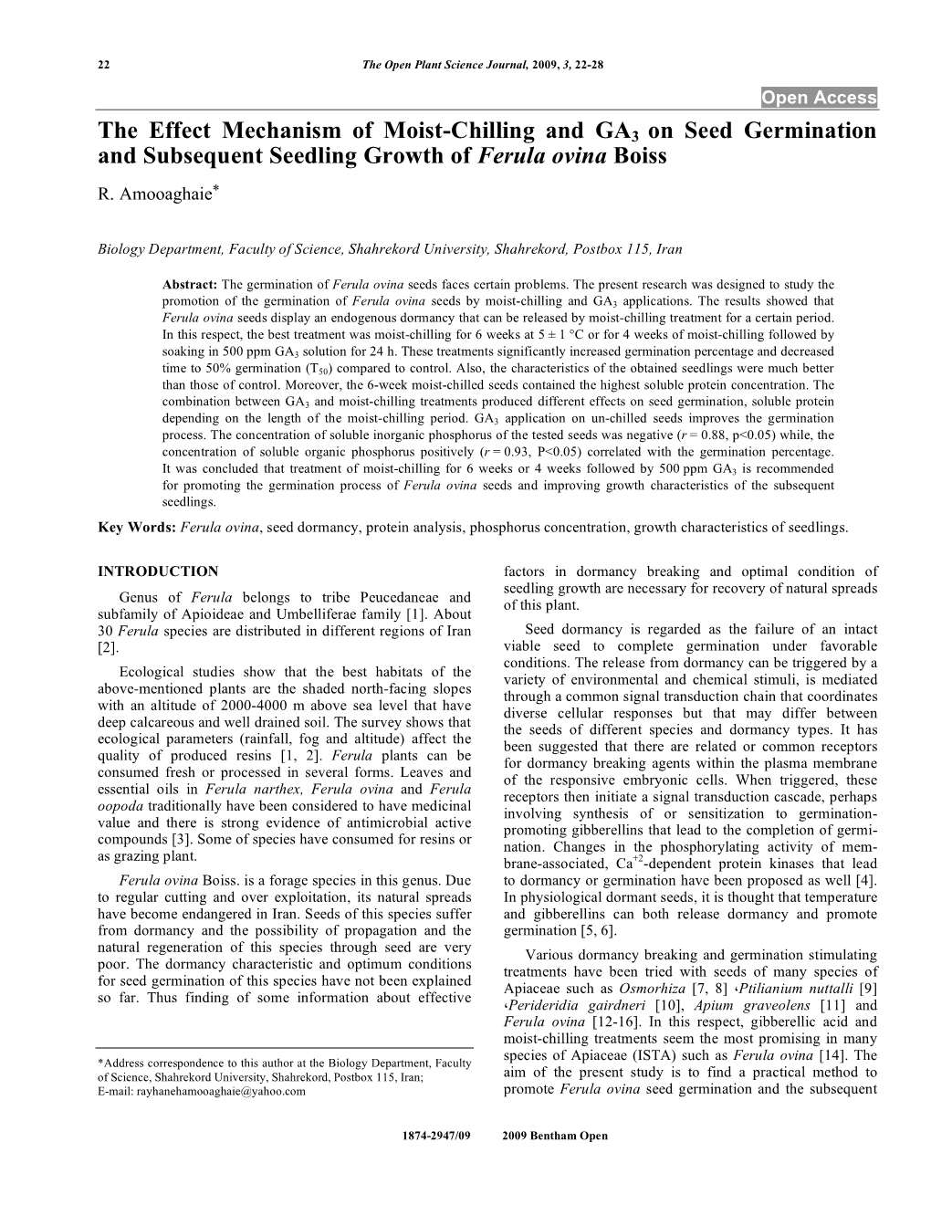 The Effect Mechanism of Moist-Chilling and GA3 on Seed Germination and Subsequent Seedling Growth of Ferula Ovina Boiss R