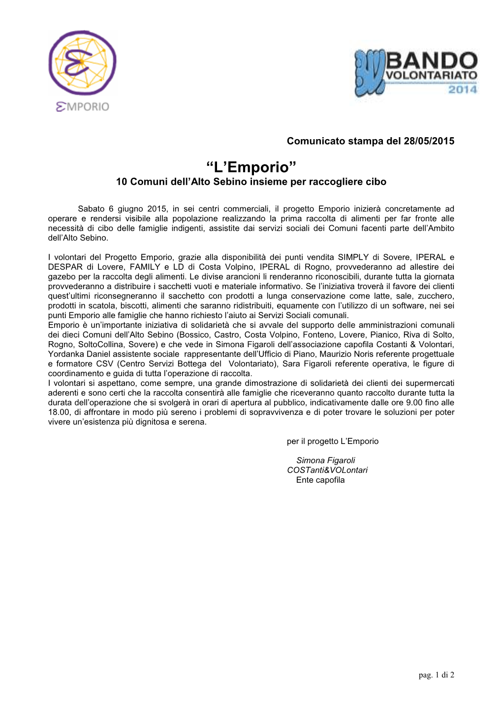 Comunicato Stampa Del 28/05/2015