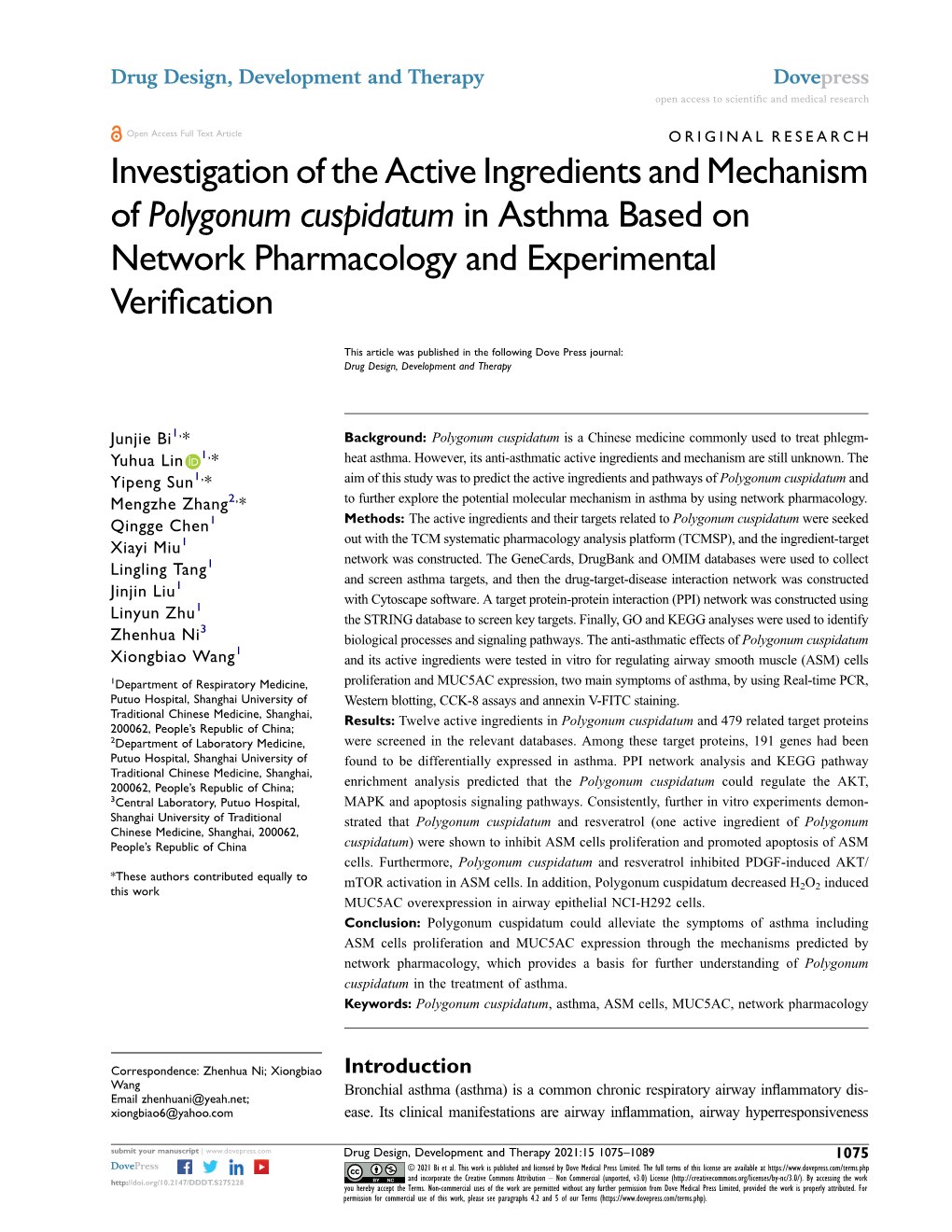 Investigation of the Active Ingredients and Mechanism of Polygonum Cuspidatum in Asthma Based on Network Pharmacology and Experimental Verification