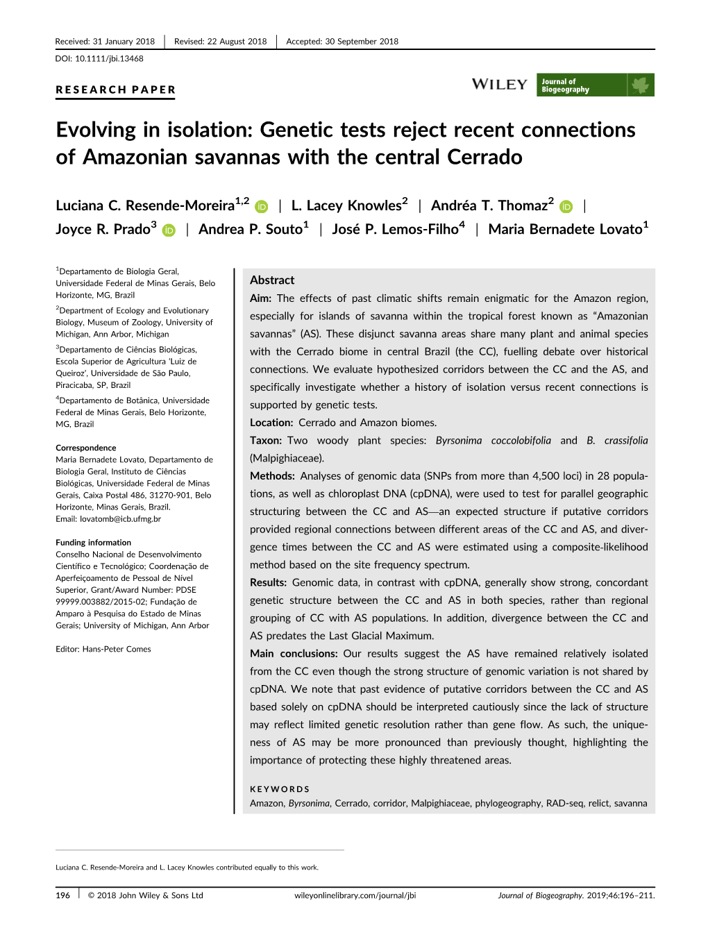 Genetic Tests Reject Recent Connections of Amazonian Savannas with the Central Cerrado