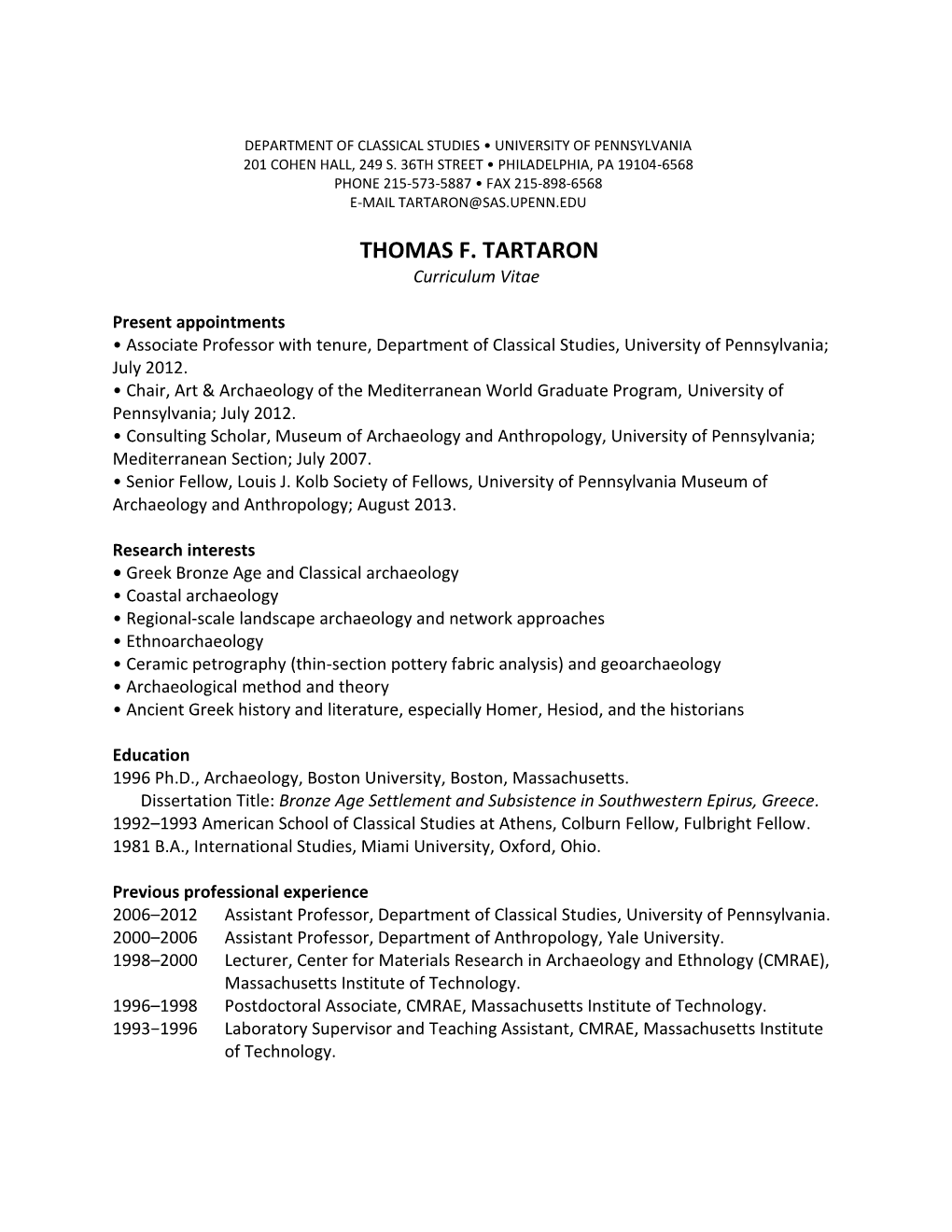 THOMAS F. TARTARON Curriculum Vitae