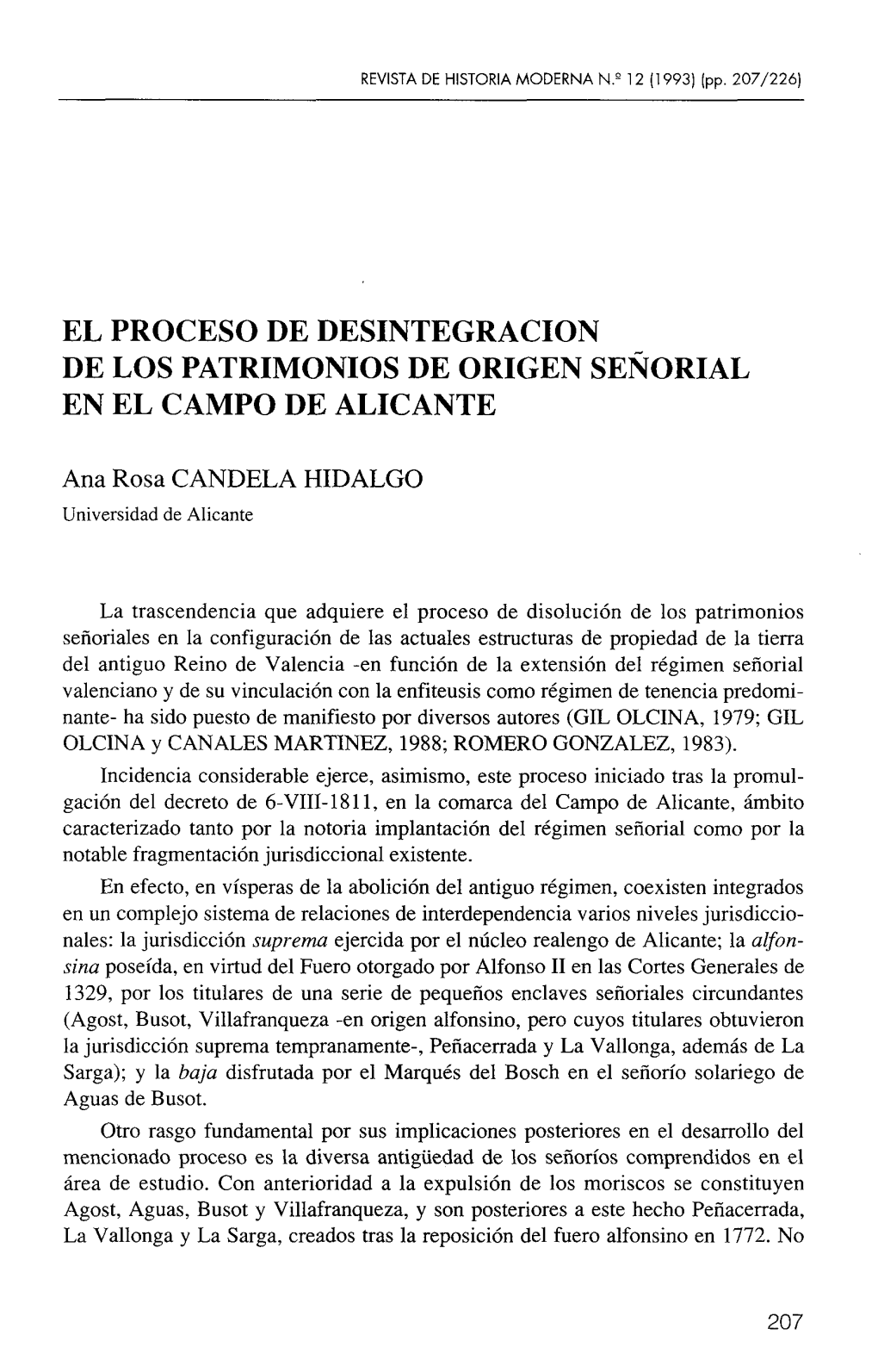 El Proceso De Desintegración De Los Patrimonios De Origen Señorial En El Campo De Alicante