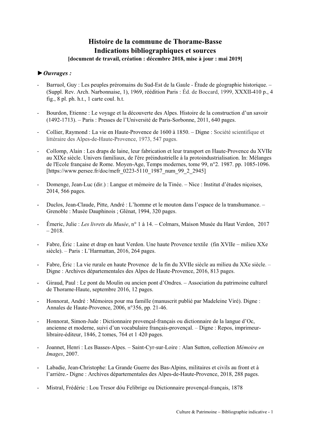 Histoire De La Commune De Thorame-Basse Indications Bibliographiques Et Sources [Document De Travail, Création : Décembre 2018, Mise À Jour : Mai 2019]