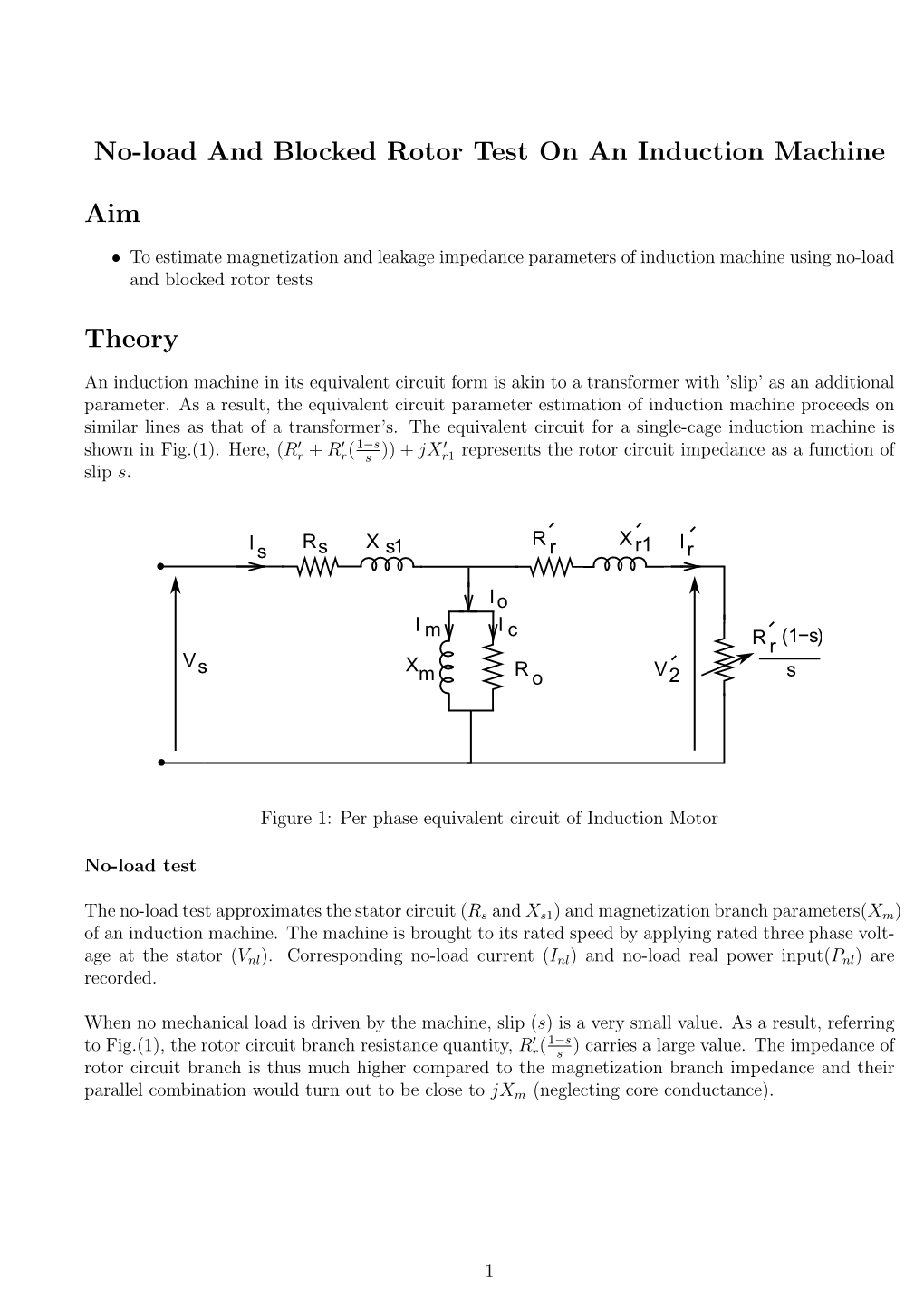 No-Load and Blocked Rotor Test on an Induction Machine Aim Theory