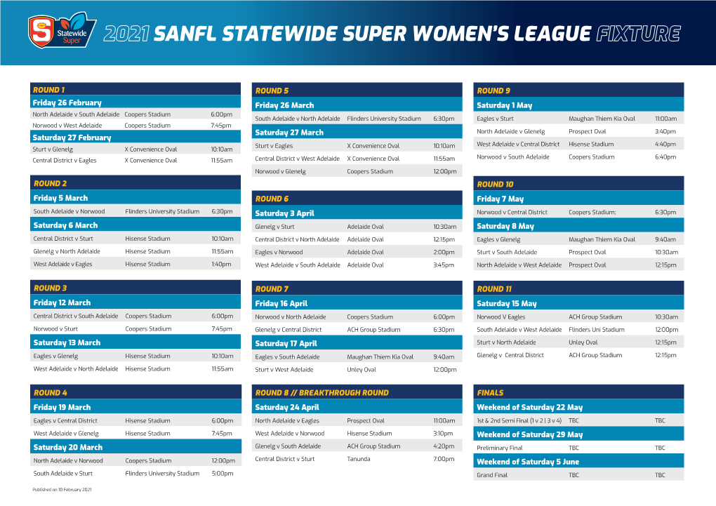 2021 Sanfl Statewide Super Women's League Fixture