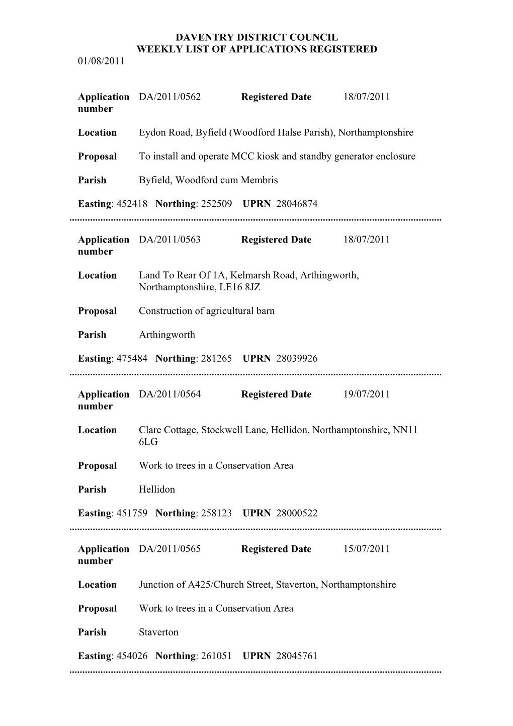 Daventry District Council Weekly List of Applications Registered 01/08/2011