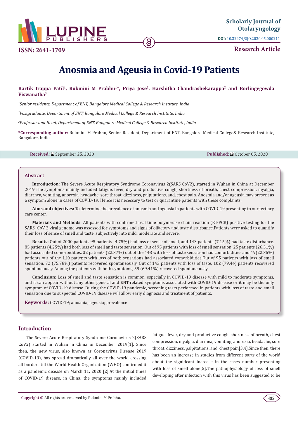 Anosmia and Ageusia in Covid-19 Patients