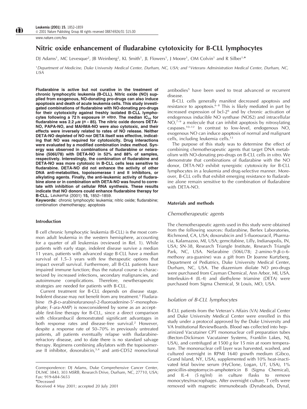 Nitric Oxide Enhancement of Fludarabine Cytotoxicity for B-CLL Lymphocytes