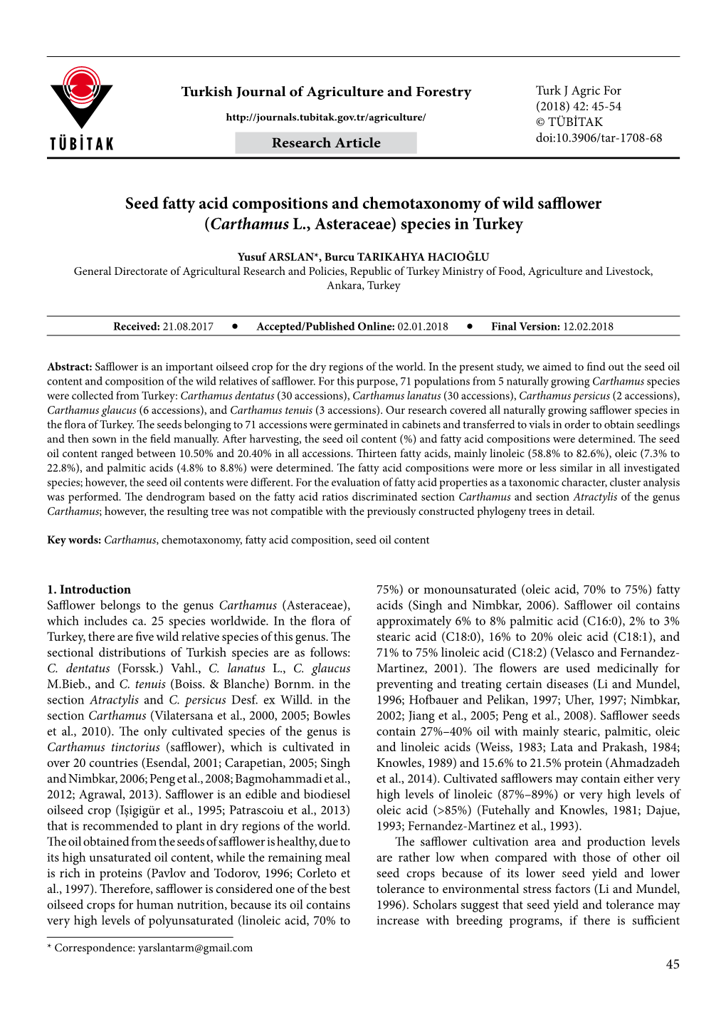 Seed Fatty Acid Compositions and Chemotaxonomy of Wild Safflower (Carthamus L., Asteraceae) Species in Turkey