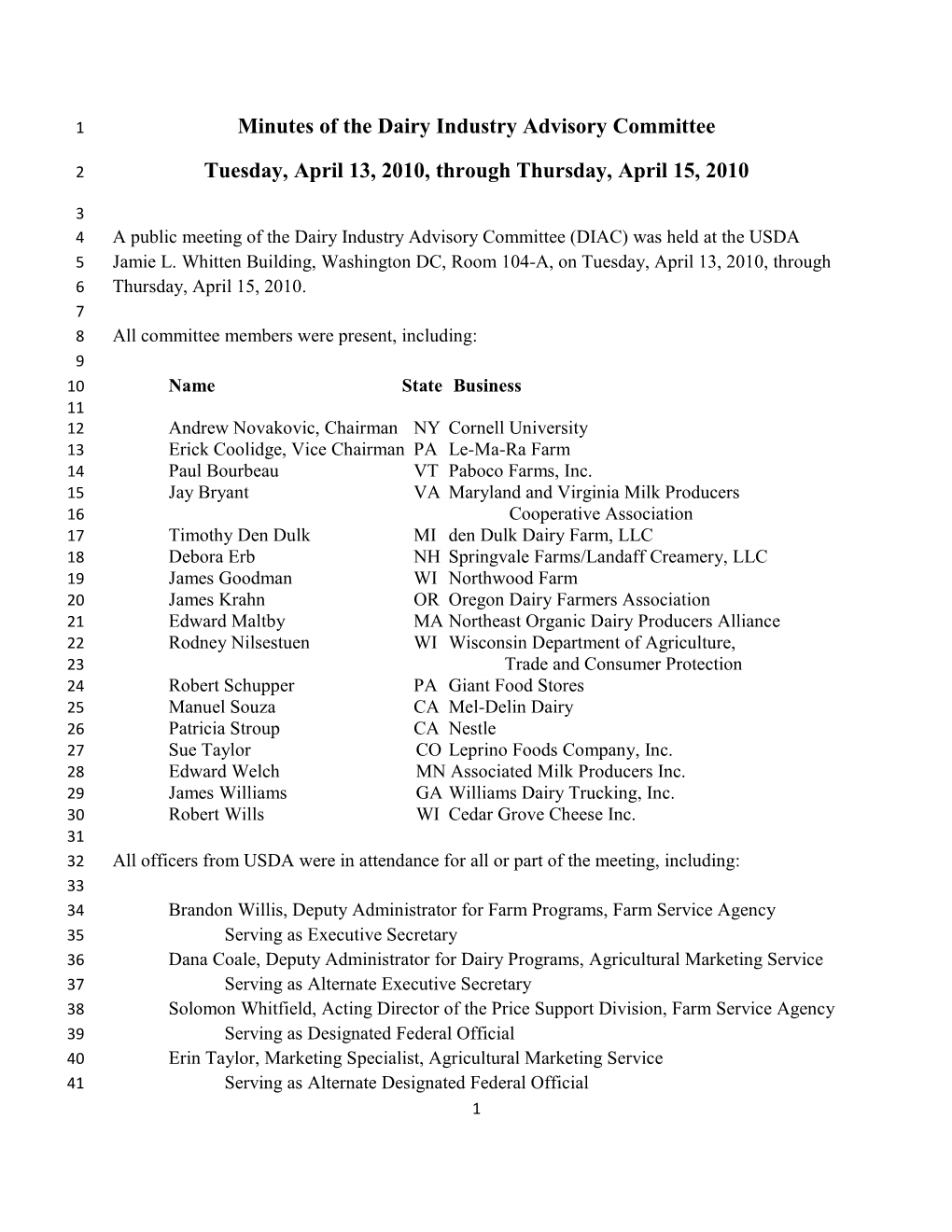 Minutes of the Dairy Industry Advisory Committee Tuesday, April 13, 2010