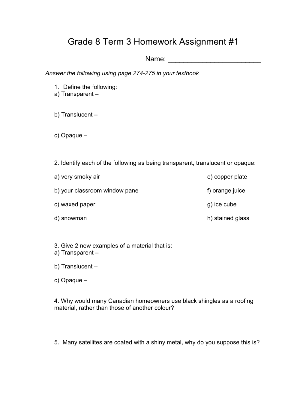 Grade 8 Term 3 Homework Assignment #1