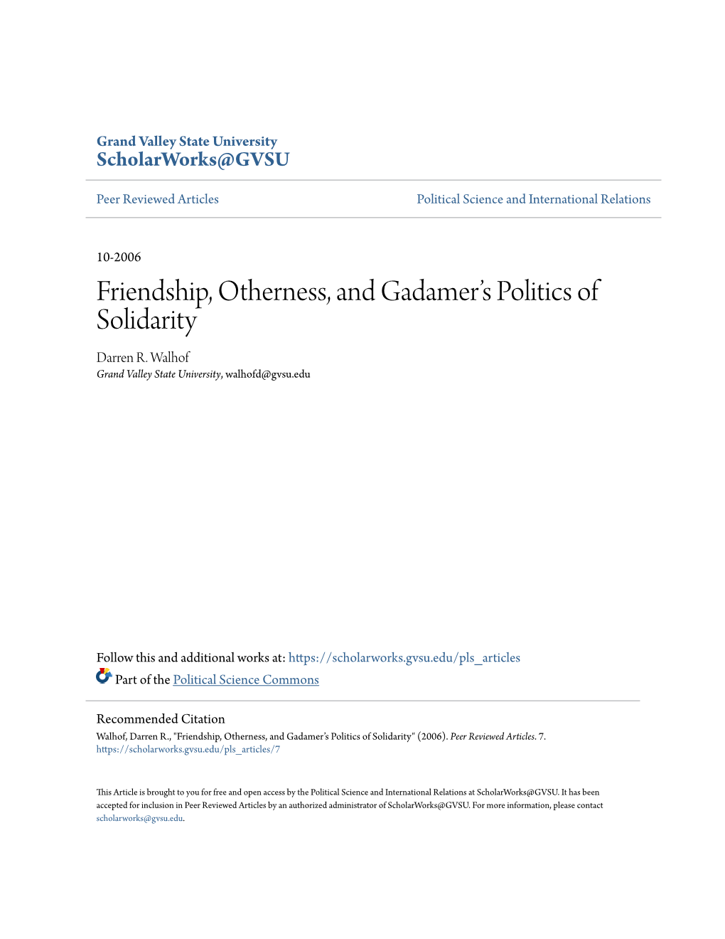 Friendship, Otherness, and Gadamer's Politics of Solidarity