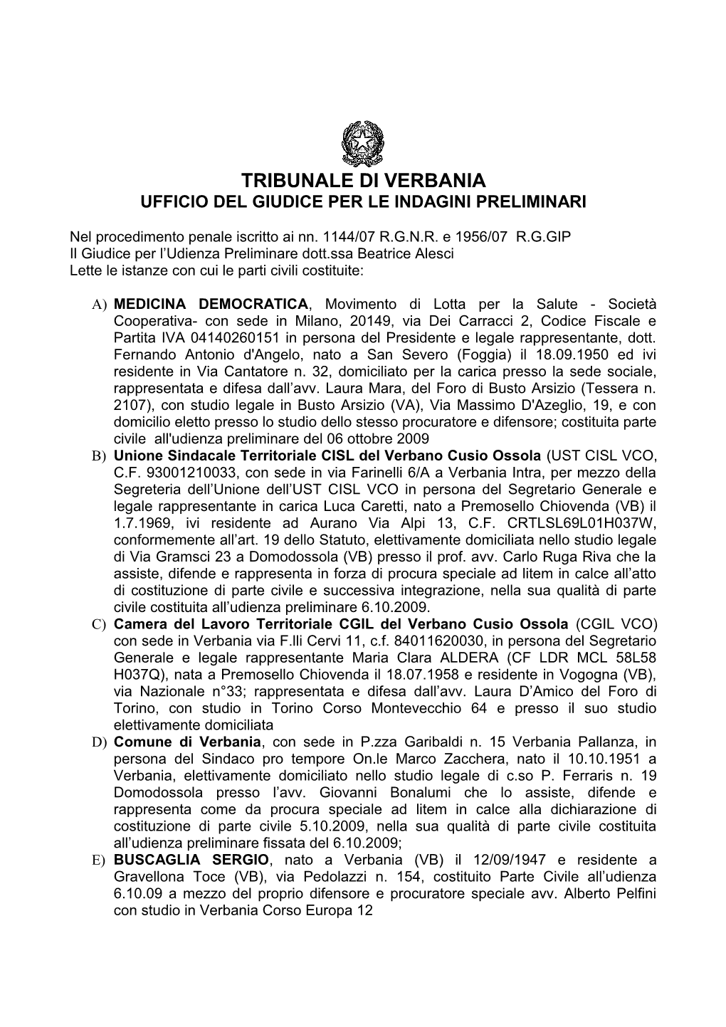 Tribunale Di Verbania Ufficio Del Giudice Per Le Indagini Preliminari