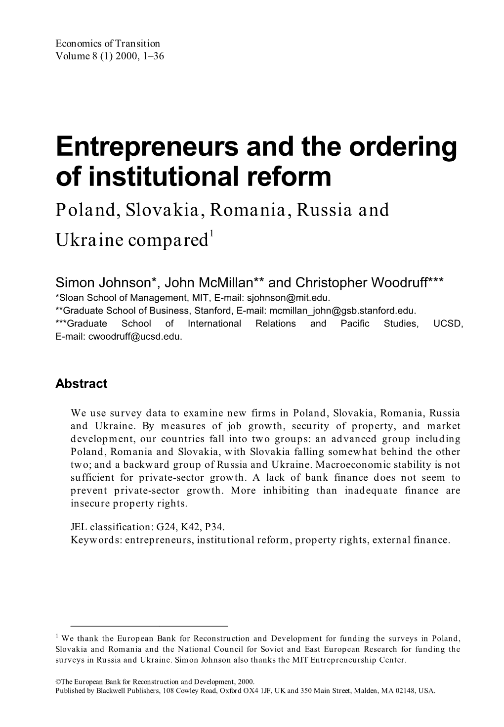 Entrepreneurs and the Ordering of Institutional Reform ‑ Poland