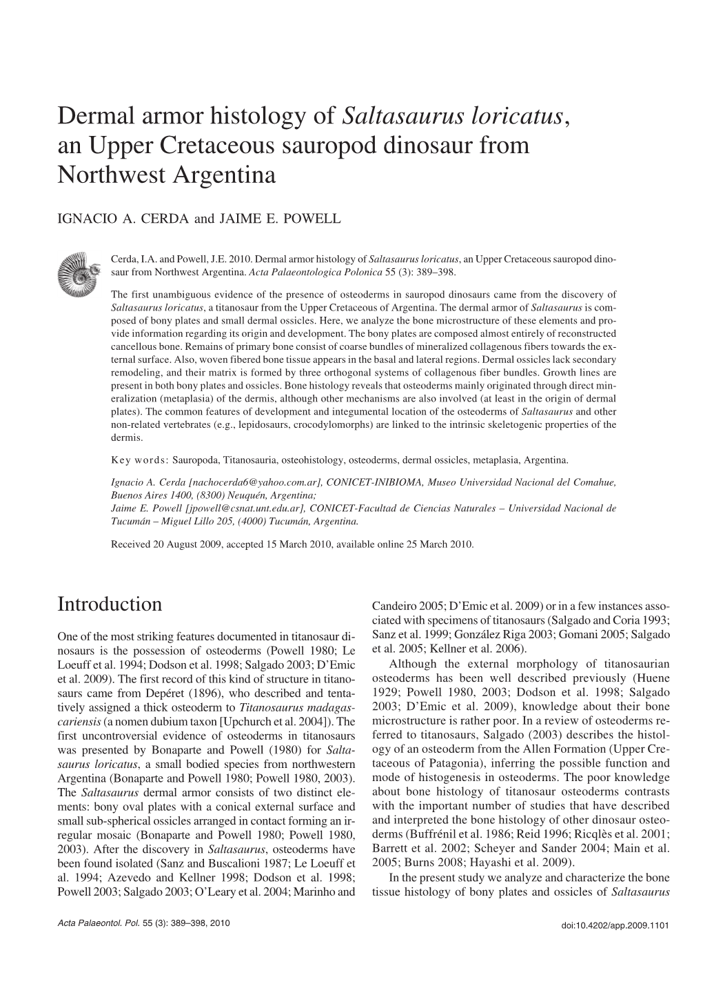 Dermal Armor Histology of Saltasaurus Loricatus, an Upper Cretaceous Sauropod Dinosaur from Northwest Argentina