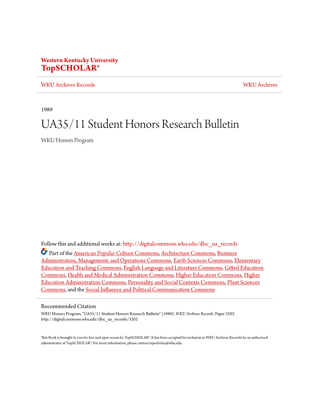 UA35/11 Student Honors Research Bulletin WKU Honors Program