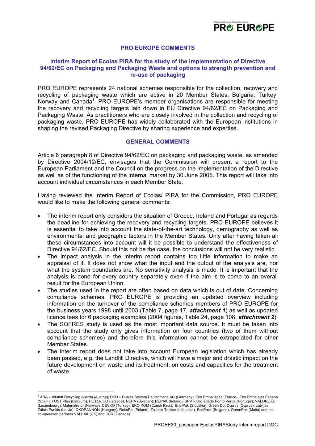 Statement of PRO Europe Regarding the Interim Report of Ecolas / PIRA