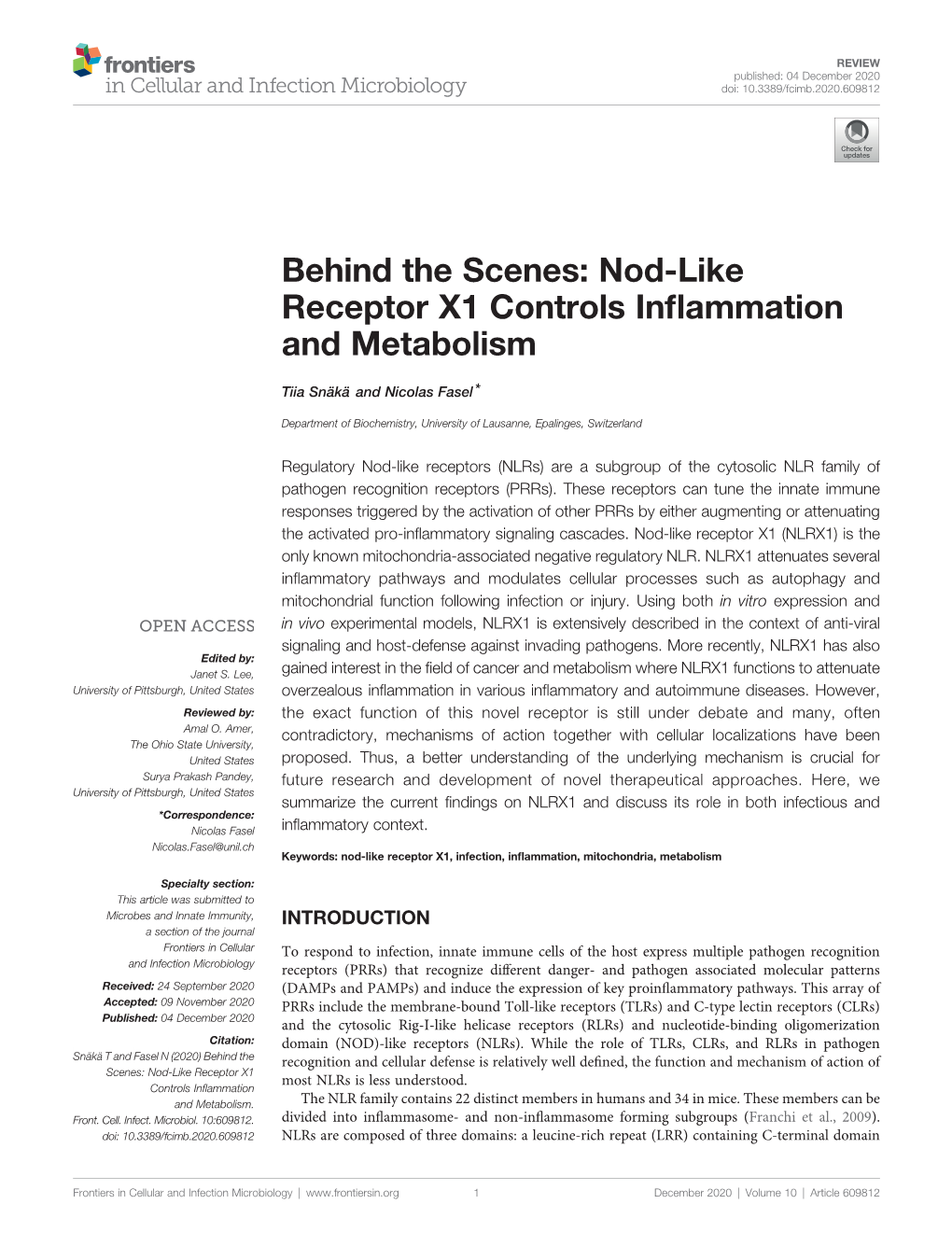 Nod-Like Receptor X1 Controls Inflammation and Metabolism