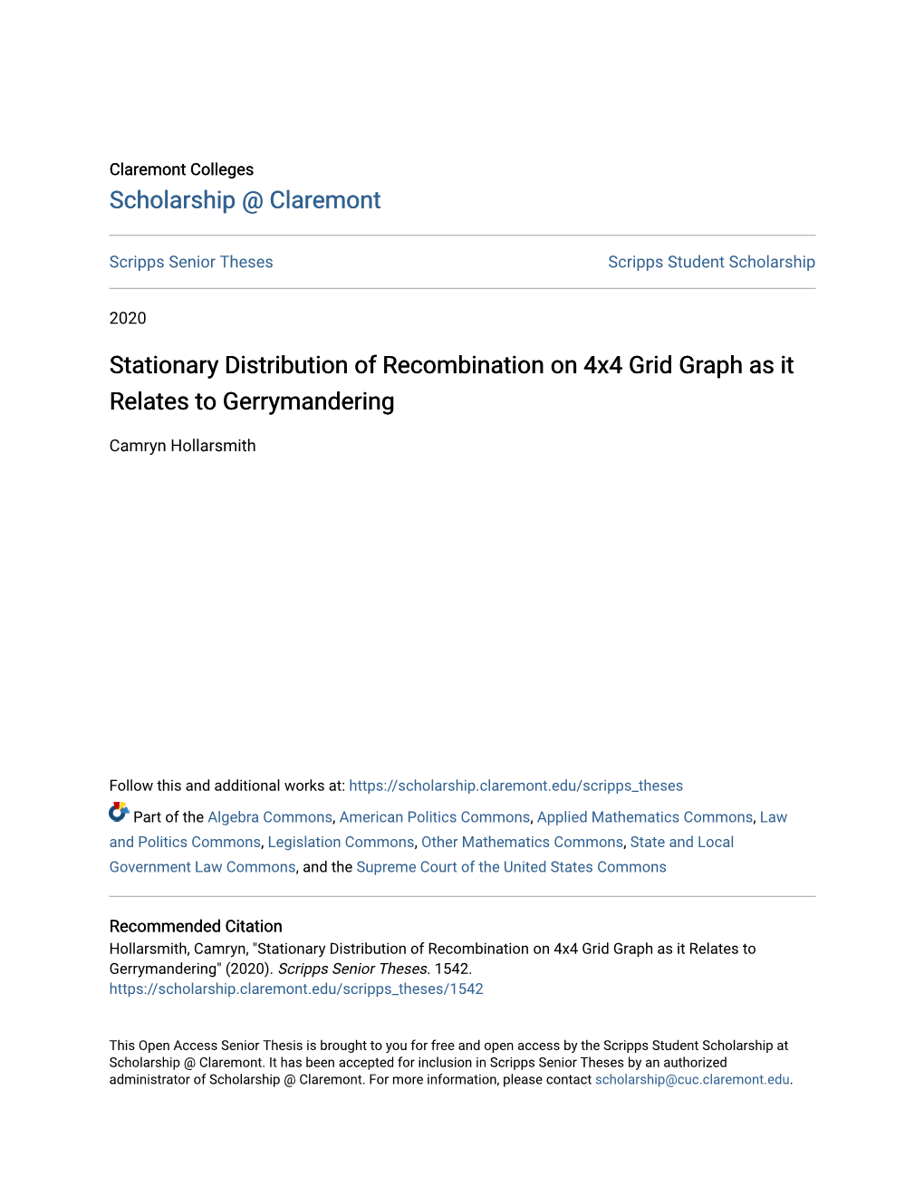 Stationary Distribution of Recombination on 4X4 Grid Graph As It Relates to Gerrymandering