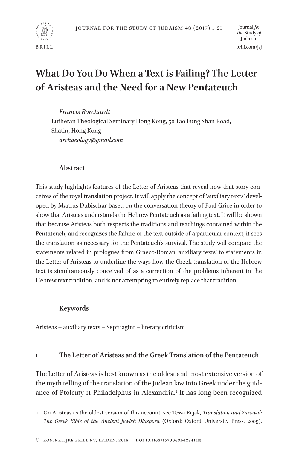 What Do You Do When a Text Is Failing? the Letter of Aristeas and the Need for a New Pentateuch