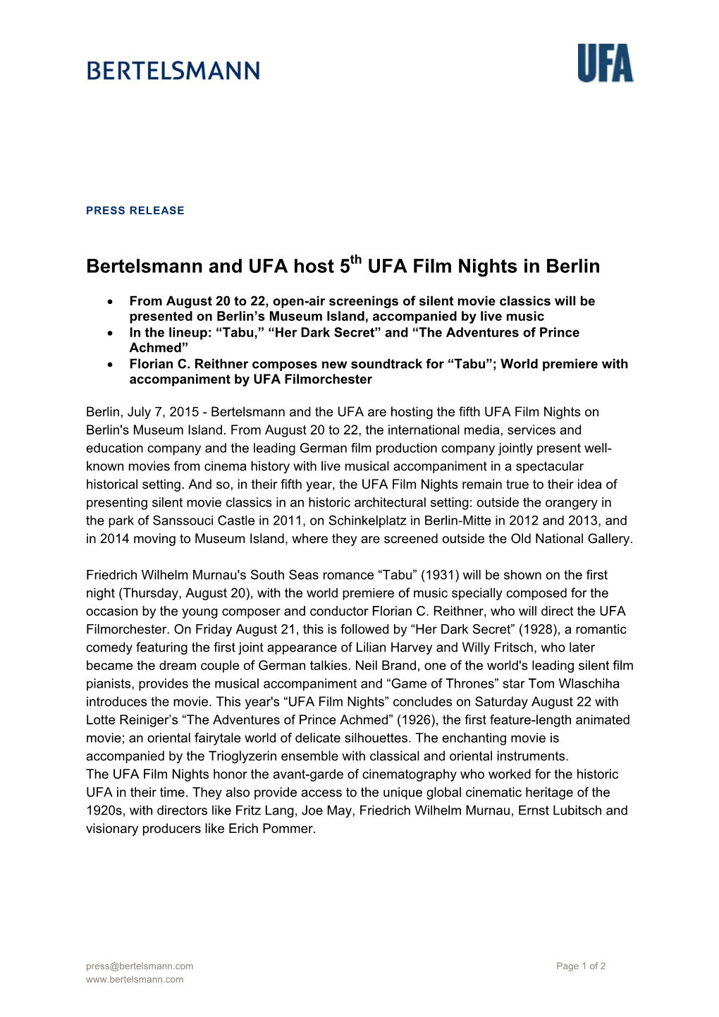 Bertelsmann and UFA Host 5 UFA Film Nights in Berlin