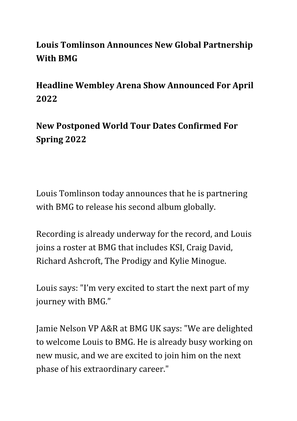 Louis Tomlinson Announces New Global Partnership with BMG