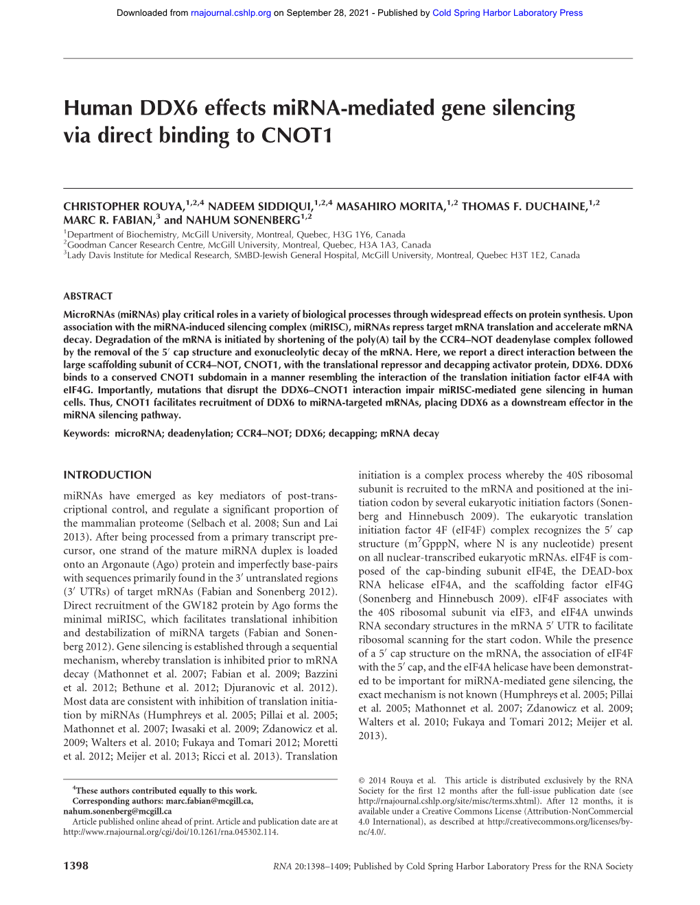 Human DDX6 Effects Mirna-Mediated Gene Silencing Via Direct Binding to CNOT1