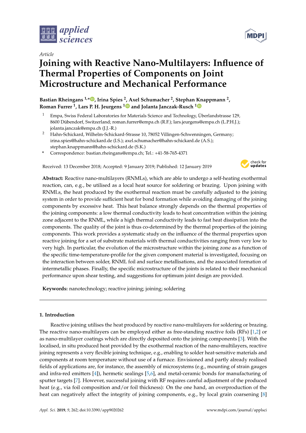 Joining with Reactive Nano-Multilayers: Influence of Thermal Properties of Components on Joint Microstructure and Mechanical Performance