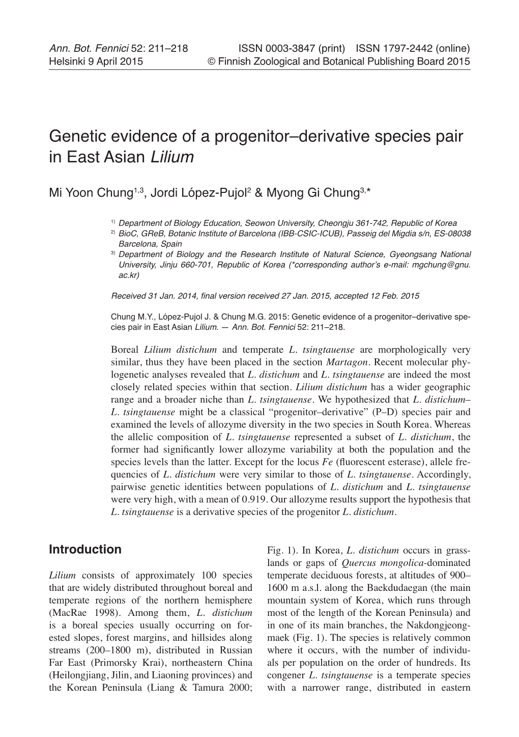 Genetic Evidence of a Progenitor–Derivative Species Pair in East Asian Lilium