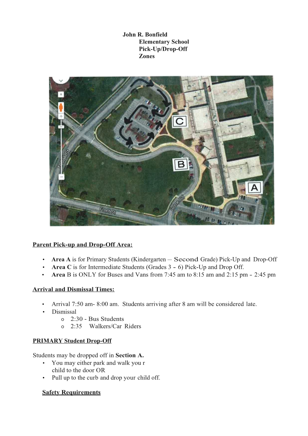 John R. Bonfield Elementary School Pick-Up/Drop-Off Zones