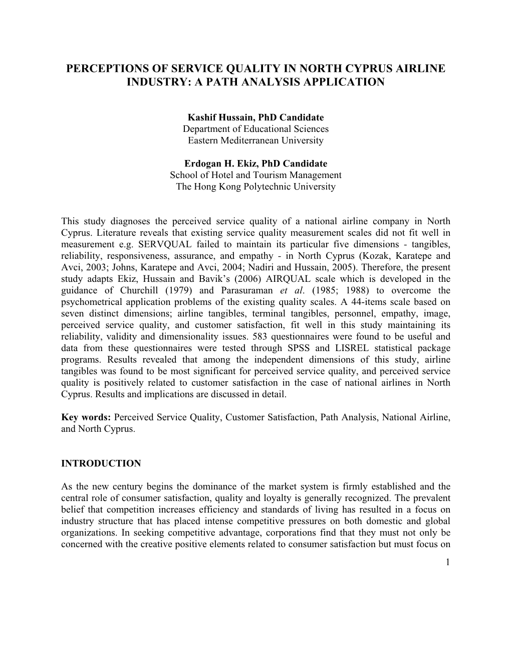 Perceptions of Service Quality in North Cyprus Airline Industry: a Path Analysis Application