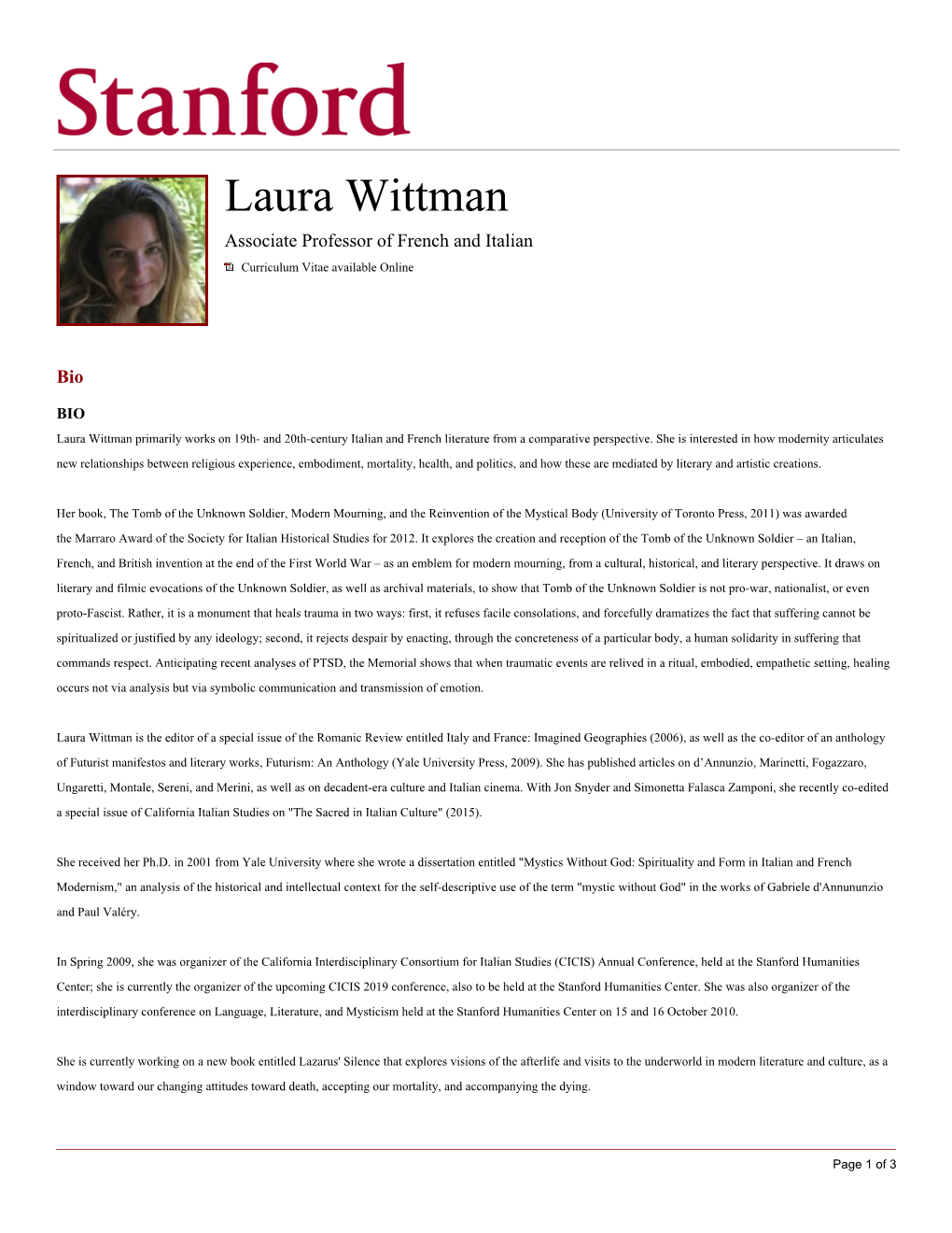 Laura Wittman Associate Professor of French and Italian Curriculum Vitae Available Online