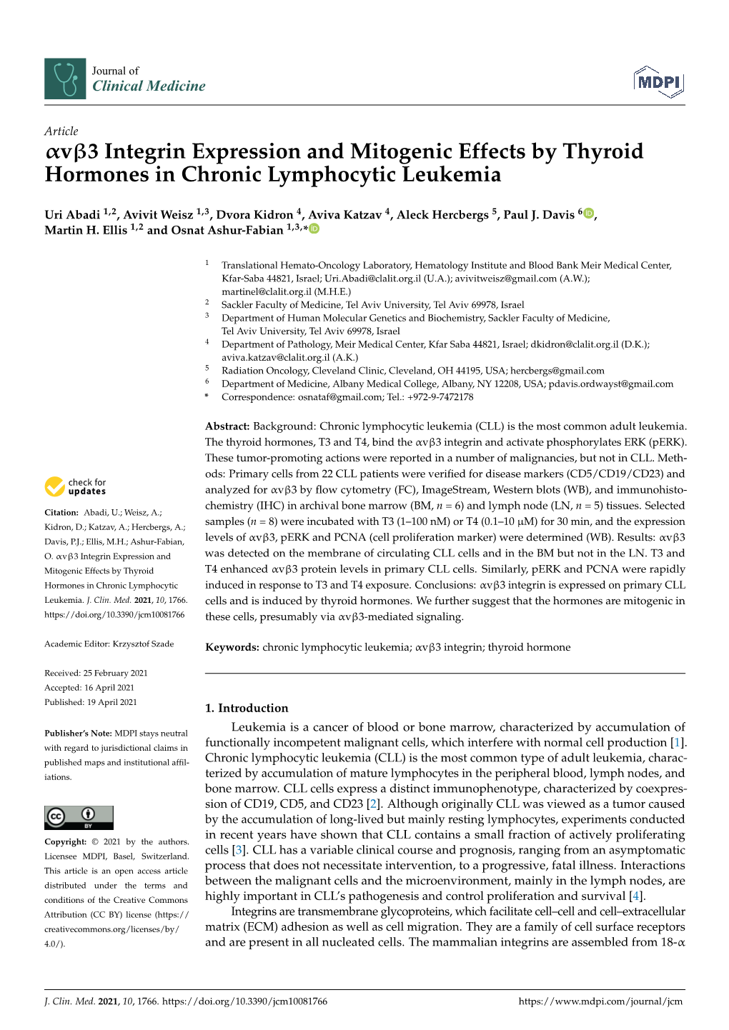 V3 Integrin Expression and Mitogenic Effects by Thyroid Hormones in Chronic Lymphocytic Leukemia
