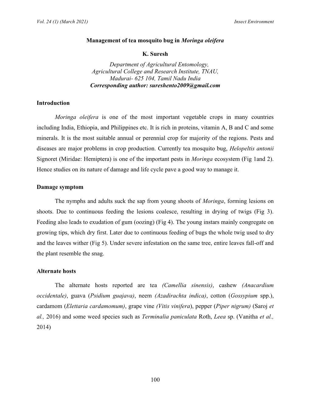 Management of Tea Mosquito Bug in Moringa Oleifera