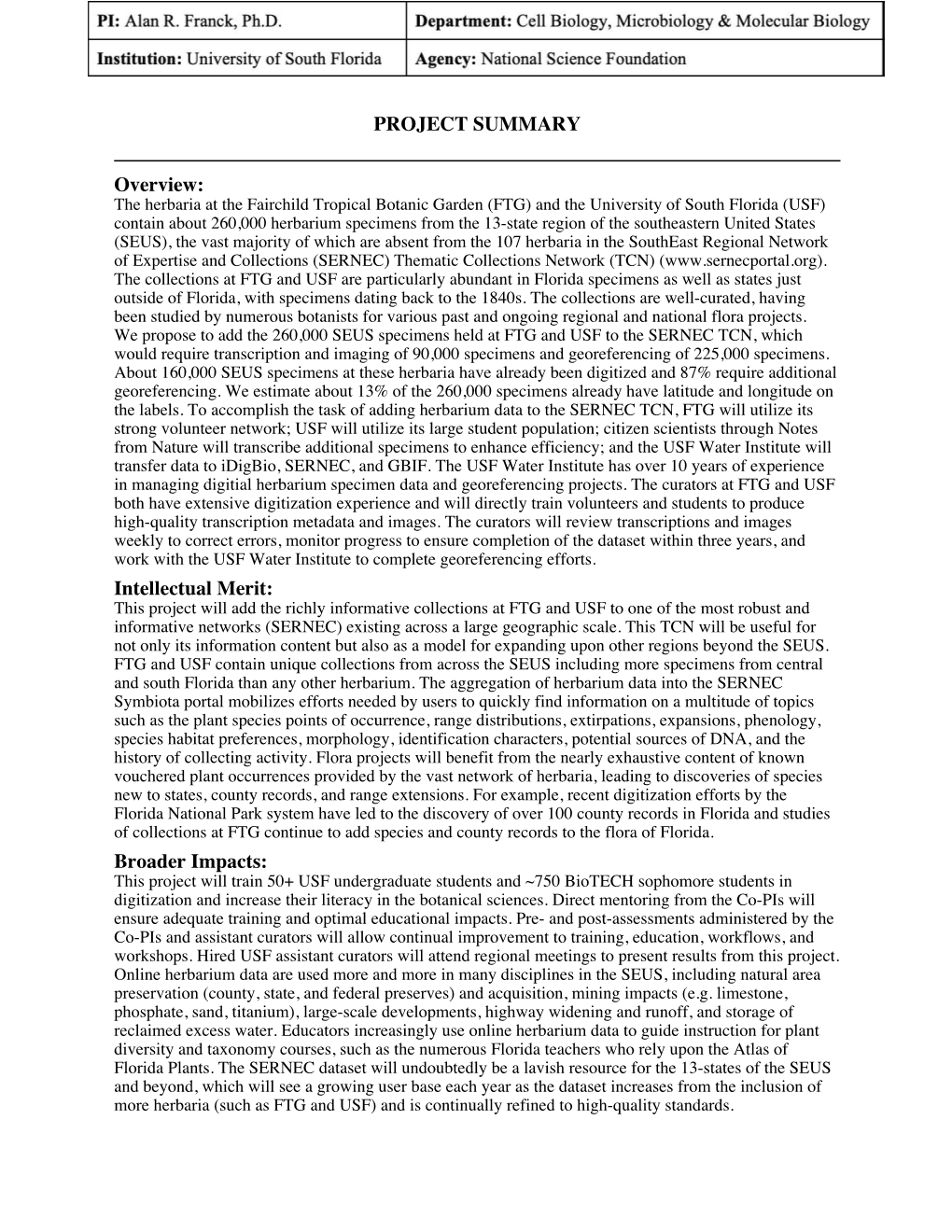 NSF Proposal (Biological Sciences