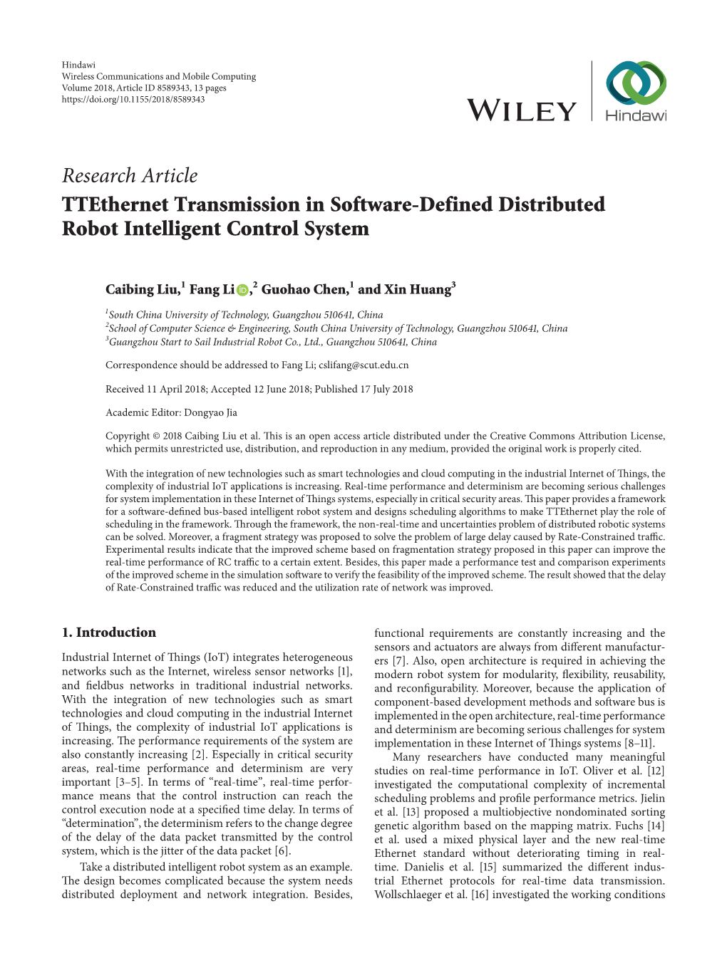 Research Article Ttethernet Transmission in Software-Defined Distributed Robot Intelligent Control System