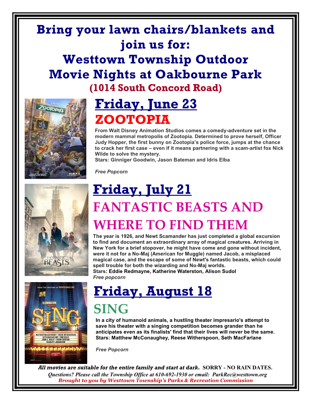 2017 Westtown Township Free Summer Movie Nights