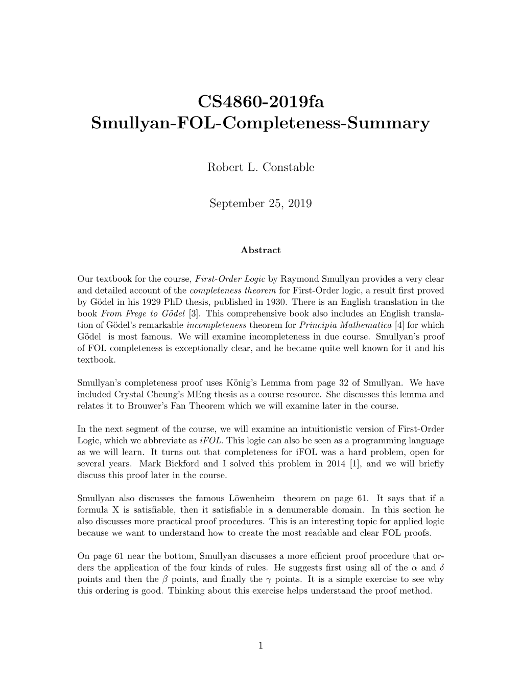 CS4860-2019Fa Smullyan-FOL-Completeness-Summary