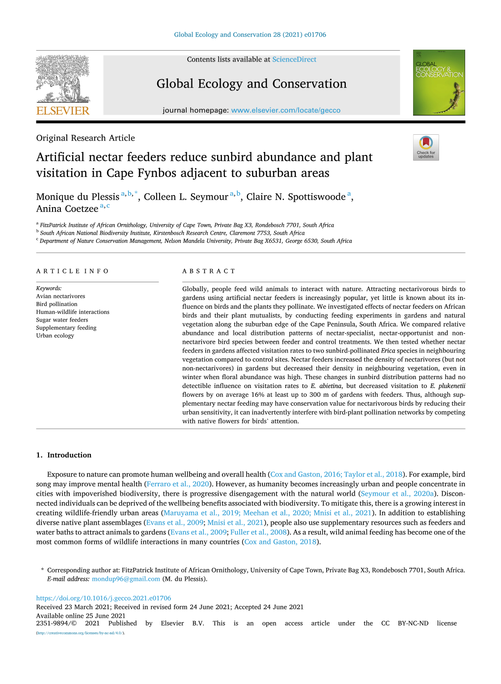 Artificial Nectar Feeders Reduce Sunbird Abundance and Plant Visitation in Cape Fynbos Adjacent to Suburban Areas