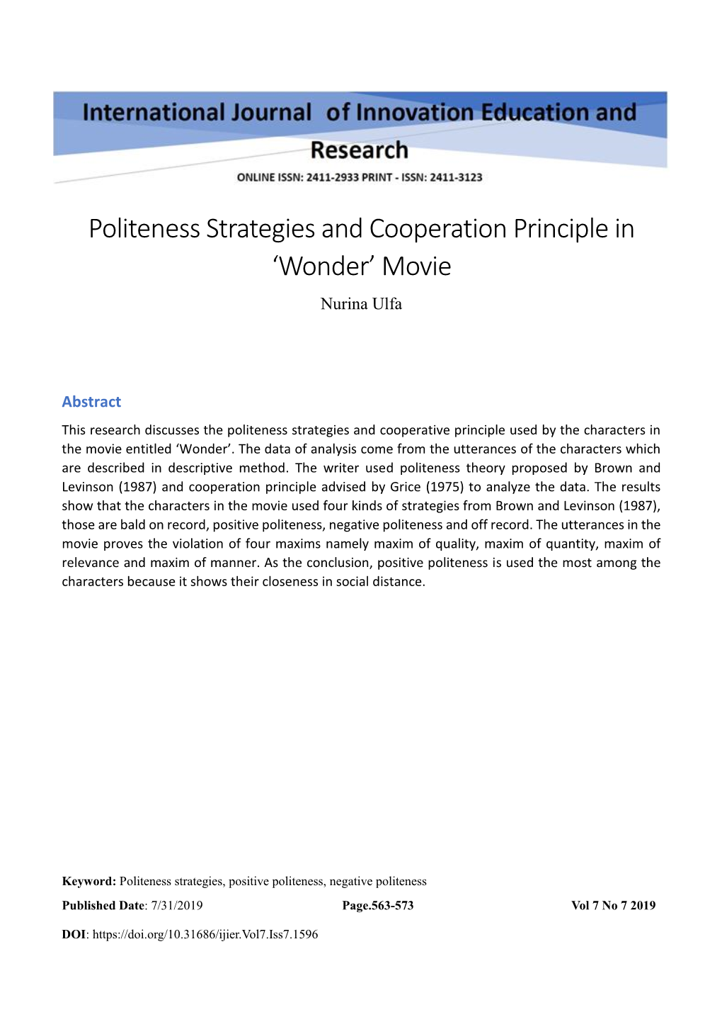Politeness Strategies and Cooperation Principle in 'Wonder'