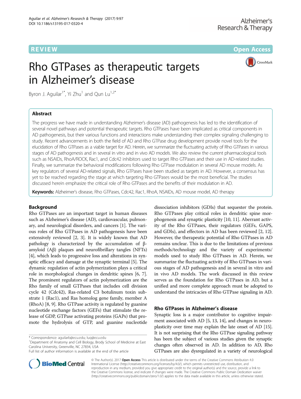Rho Gtpases As Therapeutic Targets in Alzheimer's Disease