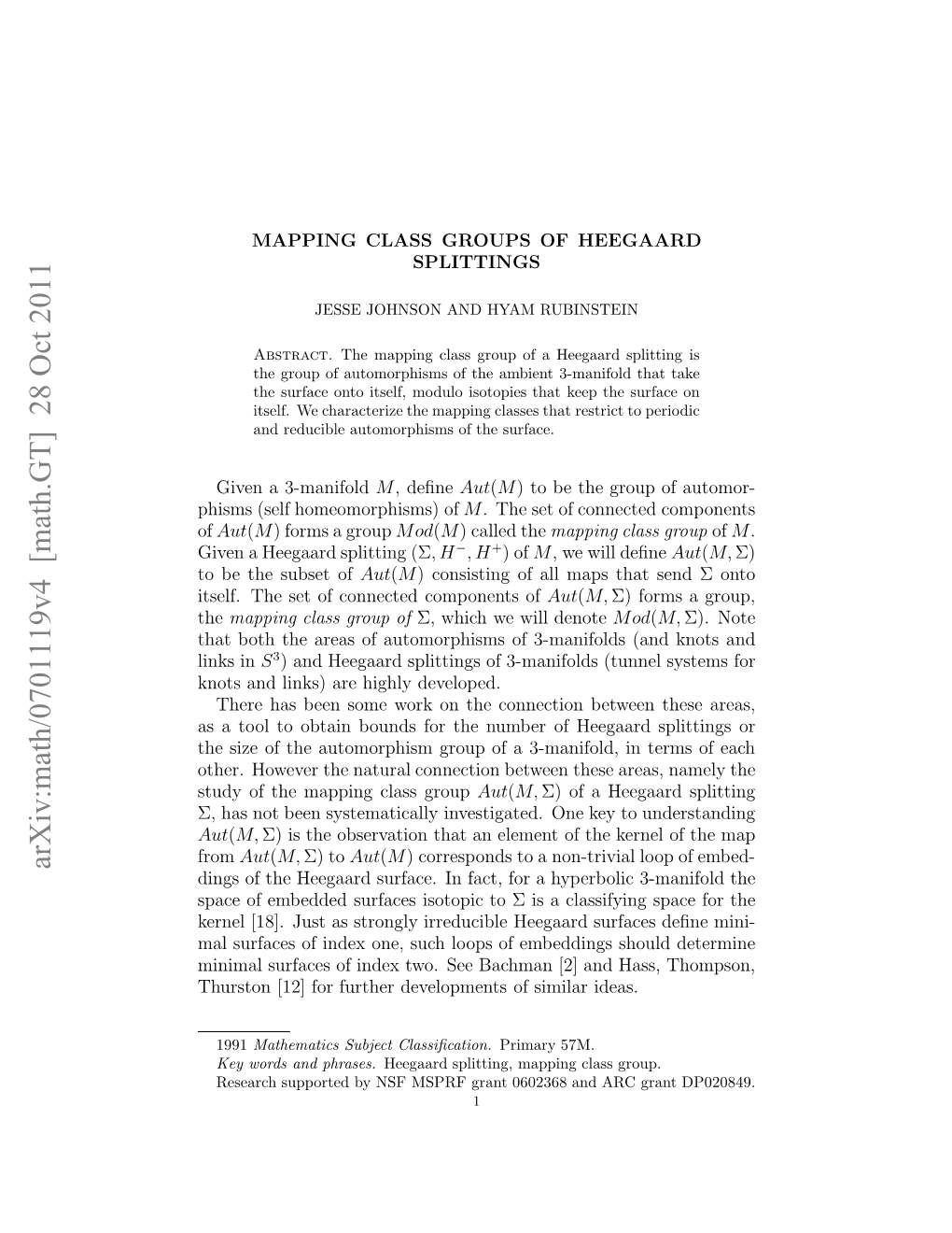 Arxiv:Math/0701119V4 [Math.GT] 28 Oct 2011 ,Hsntbe Ytmtclyivsiae.Oekyt Understan to Key One Investigated