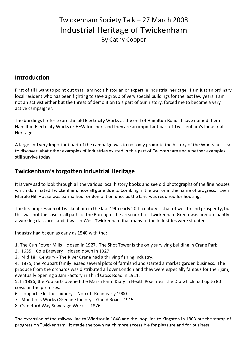 Industrial Heritage of Twickenham by Cathy Cooper