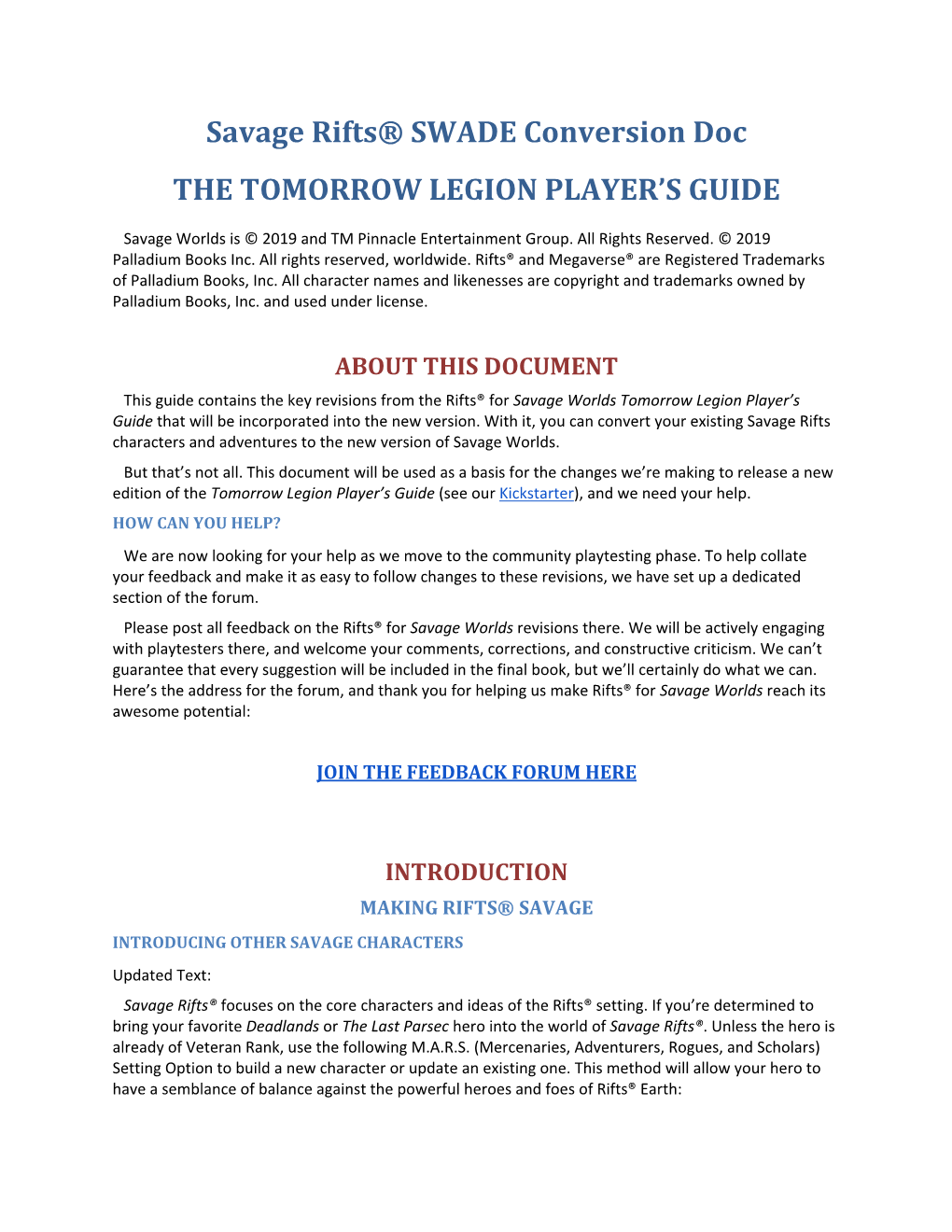 Savage Rifts® SWADE Conversion Doc the TOMORROW LEGION PLAYER’S GUIDE