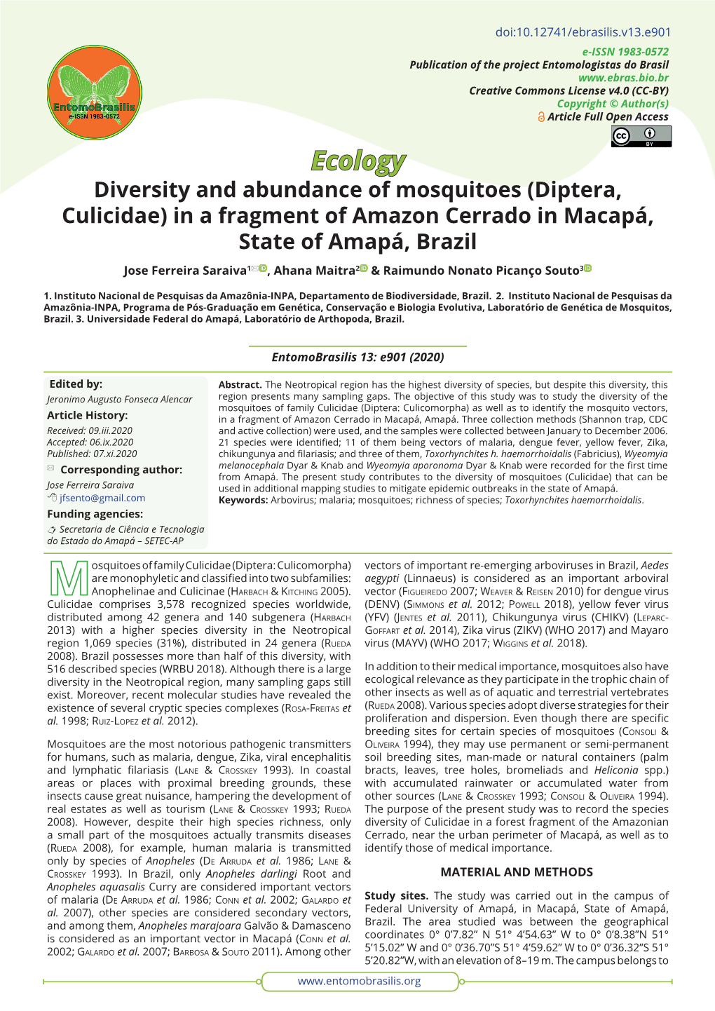 Diversity and Abundance of Mosquitoes (Diptera, Culicidae)