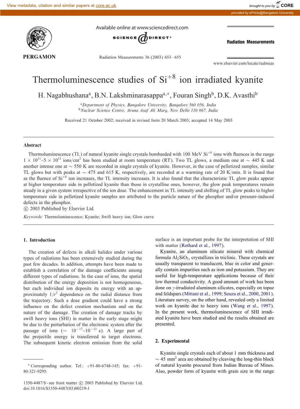 Thermoluminescence Studies of Si+8 Ion Irradiated Kyanite