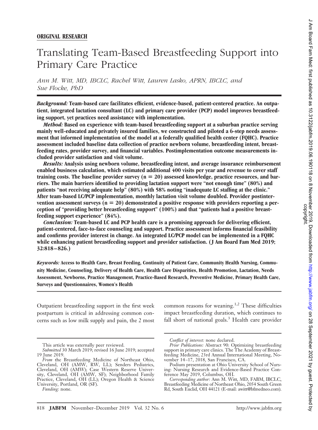 Translating Team-Based Breastfeeding Support Into Primary Care Practice