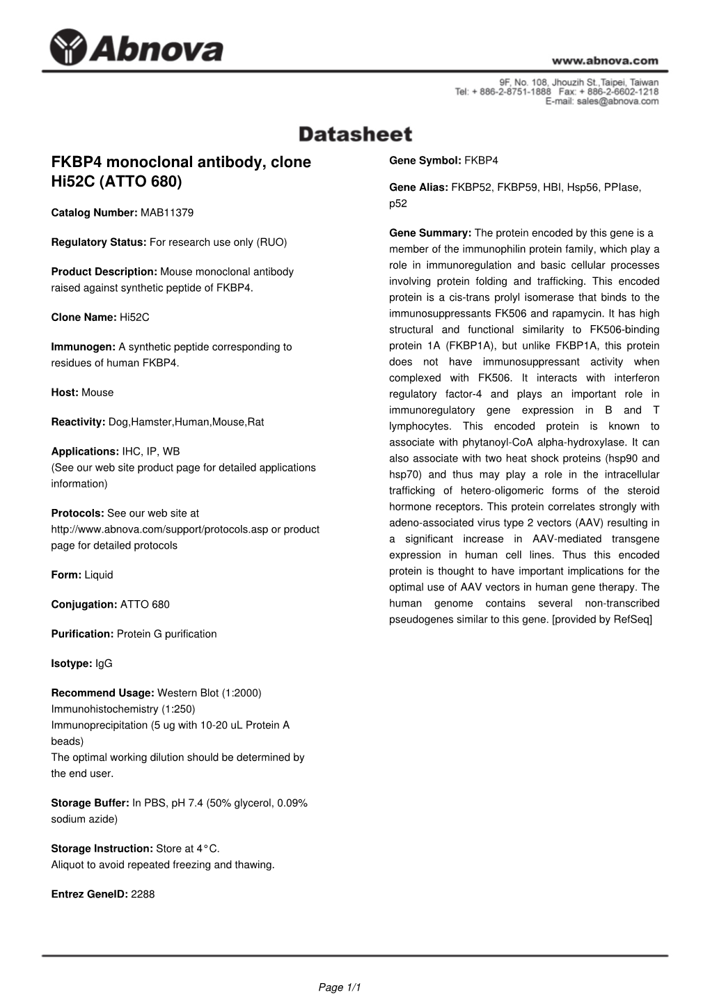 FKBP4 Monoclonal Antibody, Clone Hi52c (ATTO 680)