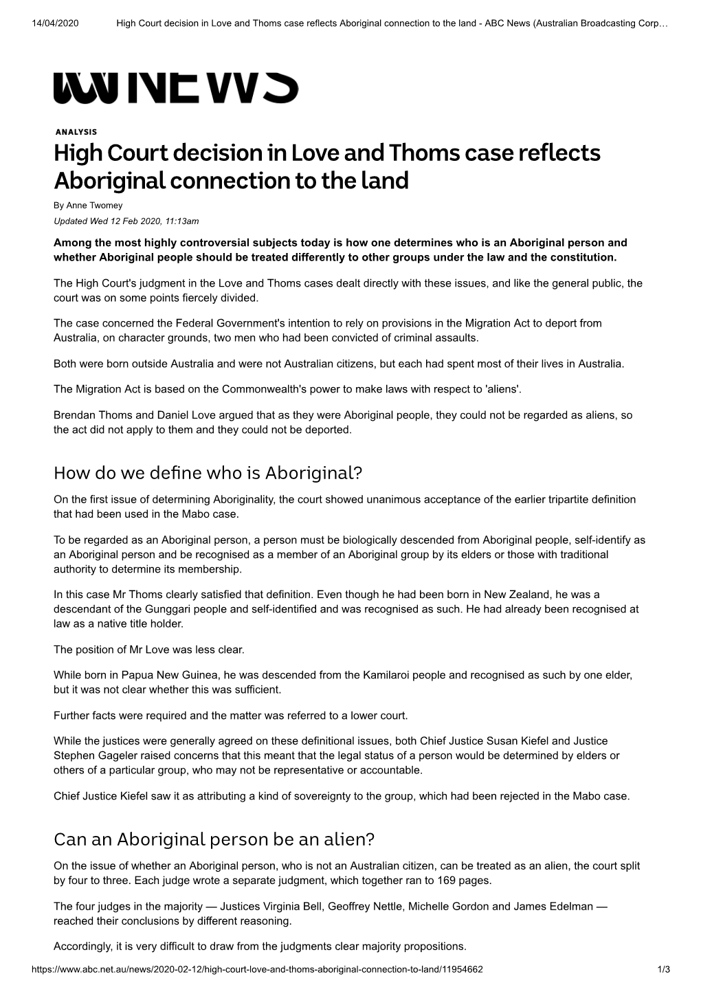 High Court Decision in Love and Thoms Case Reflects Aboriginal Connection to the Land - ABC News (Australian Broadcasting Corp…